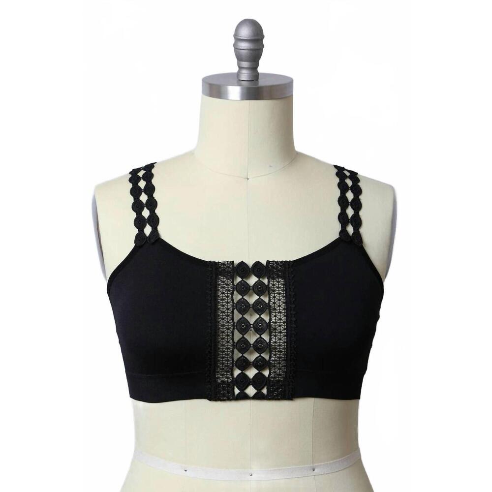 NEW LETO women's boho eye lace applique bralette - plus in black